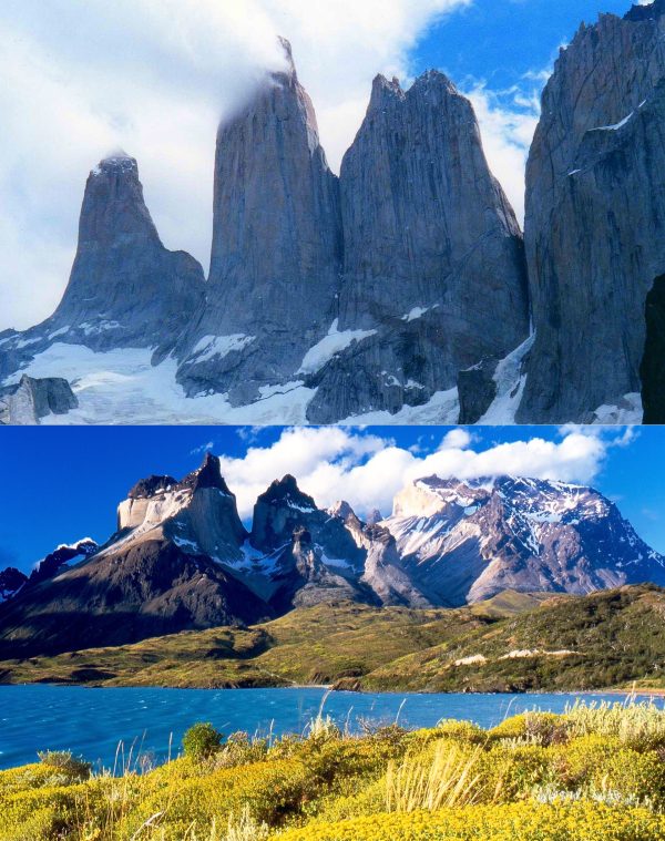 Granite towers of Torres del Paine reflected in a Patagonian lake